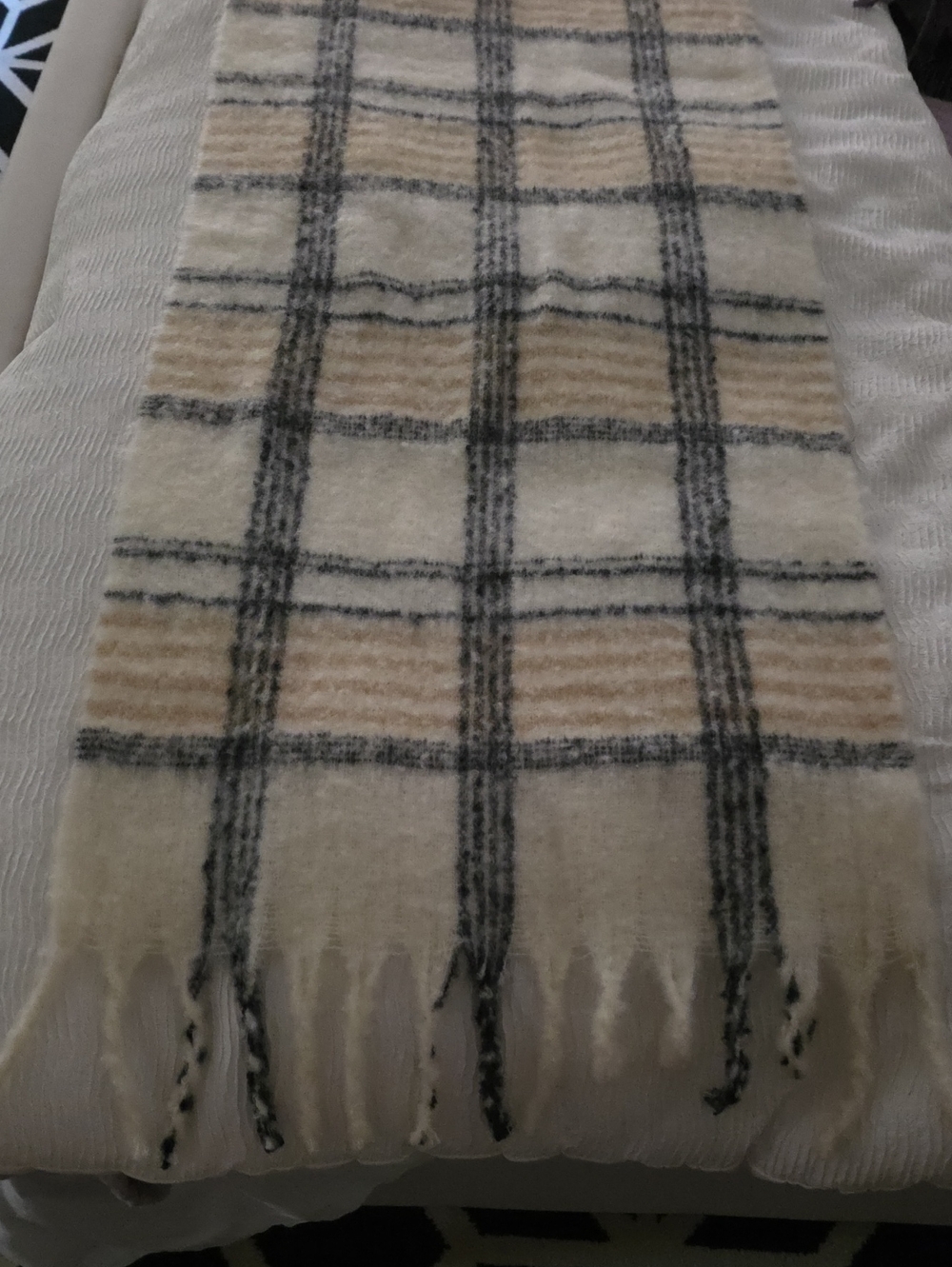 Steve Madden Cream Plaid Fringe Scarf with Beige and Gray Stripes